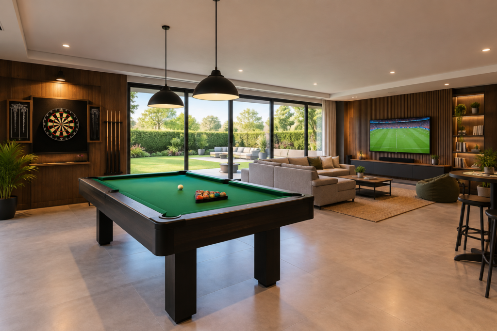 spacious garden games room interior with dartboard and TV